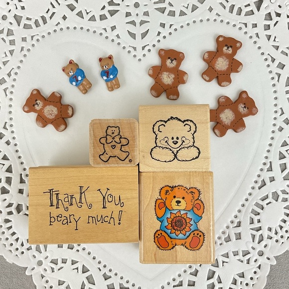 Vintage teddy bears rubber stamps + buttons & crafting embellishments - Picture 1 of 7